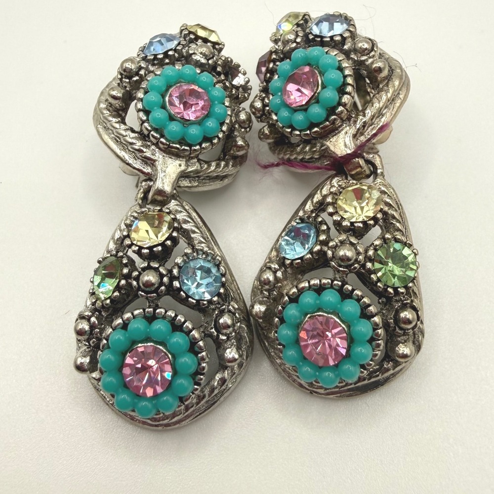 Selro Vintage Clip On Earrings Multi Color Rhinestone Dangle
